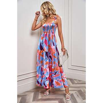 kinstell Women's Summer Boho Spaghetti Strap Square Neck Ruffle Casual Flowy Long Dress Beach Swing Party Maxi Dress Red Floral