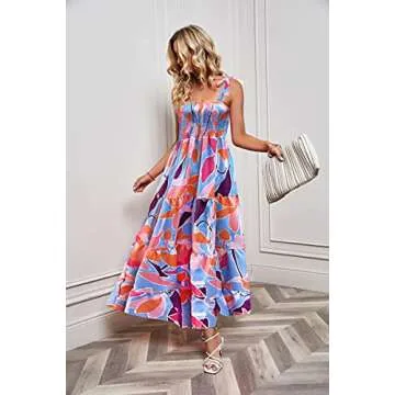 kinstell Women's Summer Boho Spaghetti Strap Square Neck Ruffle Casual Flowy Long Dress Beach Swing Party Maxi Dress Red Floral