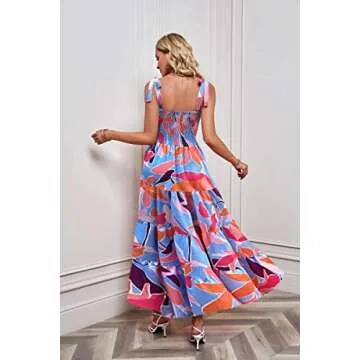 kinstell Women's Summer Boho Spaghetti Strap Square Neck Ruffle Casual Flowy Long Dress Beach Swing Party Maxi Dress Red Floral