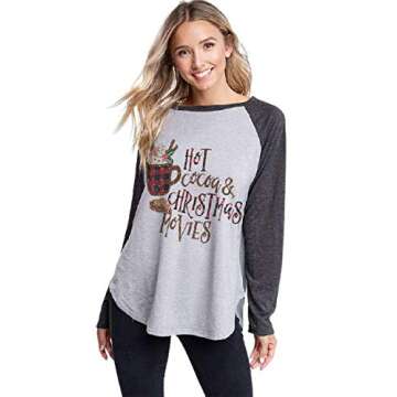 Women's Holiday Christmas Movie Deer Raglan Long Sleeve Tunic Top - Cozy Style for Festive Fun