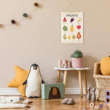 Ecezatik Fruits Poster Hanger Frame, Fruit Wall Art, Fruit Food Learning Posters Wall Decor for Toddler Kids Room Nursery Playroom Classroom Preschool, Kitchen Wall Decor, 12x16 Inches