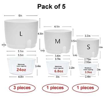 JFMAMJ Plant and Flower Pot Set, 5 Pack 6/4.1/3.2 Inch Self Watering Pots for Indoor Plants Wicking Pots, Modern Decorative Planter Pot for House Plants, Aloe, Herbs, African Violets, Succulents