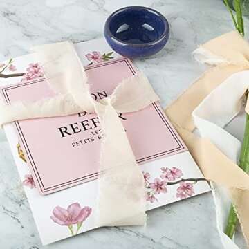 6 Rolls Handmade Chiffon Ribbons 1.5”x3 Yd Silk-Like Fringe Ribbon Frayed Edge Riband Decorations for Wedding Invitations Gift Wrapping DIY Craft Bouquets (Nude Pink Series)