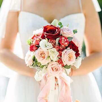 6 Rolls Handmade Chiffon Ribbons 1.5”x3 Yd Silk-Like Fringe Ribbon Frayed Edge Riband Decorations for Wedding Invitations Gift Wrapping DIY Craft Bouquets (Nude Pink Series)