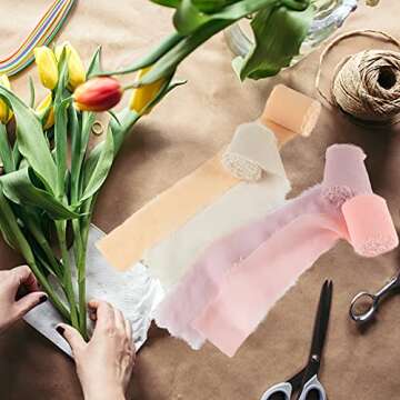 6 Rolls Handmade Chiffon Ribbons 1.5”x3 Yd Silk-Like Fringe Ribbon Frayed Edge Riband Decorations for Wedding Invitations Gift Wrapping DIY Craft Bouquets (Nude Pink Series)