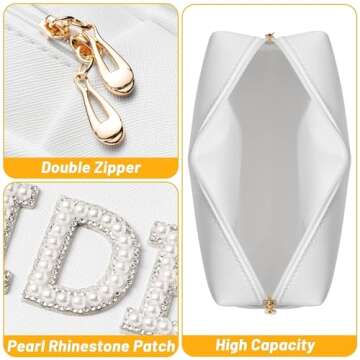 Belanttega Bride Patch Letter Pearl Makeup Bag for Bride Bridesmaid Women Engagement Wedding Gifts Bride White Pearl Rhinestone Bag Cosmetic Bag Large Travel Toiletry Bag for Women Bridal Shower Gifts