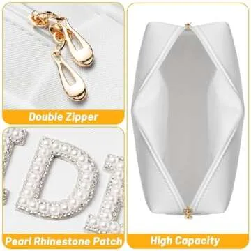 Belanttega Bride Patch Letter Pearl Makeup Bag for Bride Bridesmaid Women Engagement Wedding Gifts Bride White Pearl Rhinestone Bag Cosmetic Bag Large Travel Toiletry Bag for Women Bridal Shower Gifts