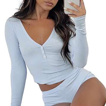 Thopavenoir Women 2 Piece Outfits Lounge Sets Pajamas Matching Set Long Sleeve Button Shirt Crop Top Shorts Set Tracksuit (Sky Blue #B, S)