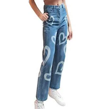 Heart Print Jeans for Women High Waist Vintage Denim Pants
