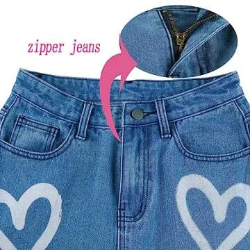 Heart Print Jeans for Women High Waist Vintage Denim Pants