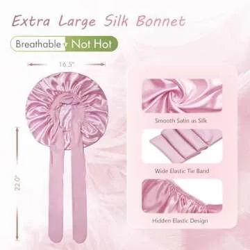BONNET QUEEN Large Silk Sleeping Bonnet Satin Adjustable Big Bonnet for Curly Hair Braids Night Hat Cap Wrap with Tie Band Rose