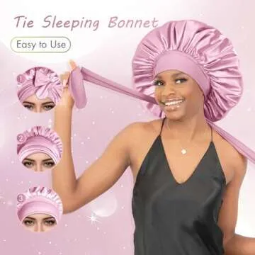 BONNET QUEEN Large Silk Sleeping Bonnet Satin Adjustable Big Bonnet for Curly Hair Braids Night Hat Cap Wrap with Tie Band Rose