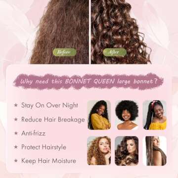 BONNET QUEEN Large Silk Sleeping Bonnet Satin Adjustable Big Bonnet for Curly Hair Braids Night Hat Cap Wrap with Tie Band Rose