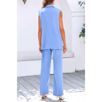PRETTYGARDEN Womens Two Piece Outfits Sleeveless Blazer and Wide Leg Pants Suit Sets Business Casual Clothes (Light Blue,Medium)