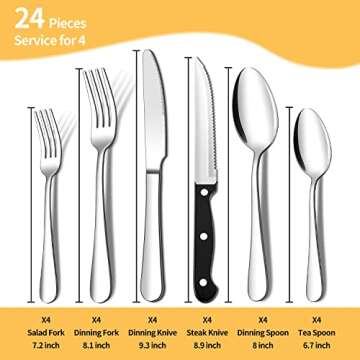 ENLOY 24 Pieces Silverware Set with Steak Knives, Stainless Steel Flatware Cutlery, Include Knife Fo...