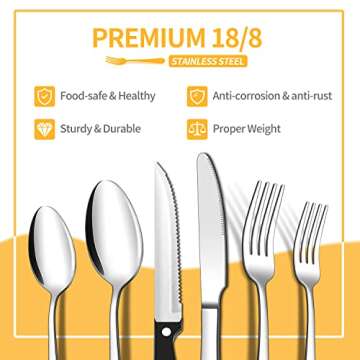 ENLOY 24 Pieces Silverware Set with Steak Knives, Stainless Steel Flatware Cutlery, Include Knife Fork Spoon, Mirror Polished, Dishwasher Safe, Service for 4