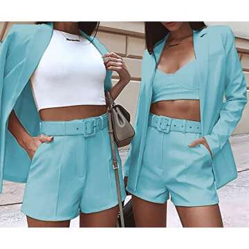 Women Casual Open Front Long Sleeve Blazer and Shorts Set 2 Piece Outfits Business Office Suits with Belt