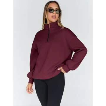 Trendy Queen Womens Oversized Sweatshirts Fall Fashion Hoodies Half Zip Pullover Long Sleeve Shirts Clothes Outfits WineRed S