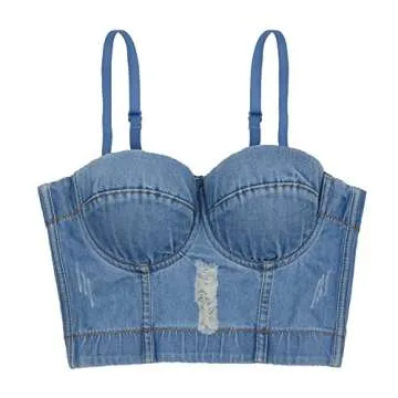 ELLACCI Women's Destructed Denim Bustier Crop Top Jeans Corset Top Medium