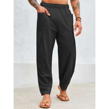 PASLTER Mens Cotton Linen Pants Casual Baggy Harem Pants Summer Beach Elastic Waist Yoga Trousers Bl...