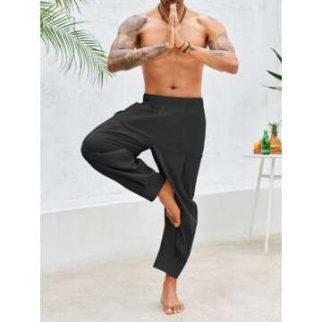 PASLTER Mens Cotton Linen Pants Casual Baggy Harem Pants Summer Beach Elastic Waist Yoga Trousers Black