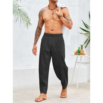 PASLTER Mens Cotton Linen Pants Casual Baggy Harem Pants Summer Beach Elastic Waist Yoga Trousers Black