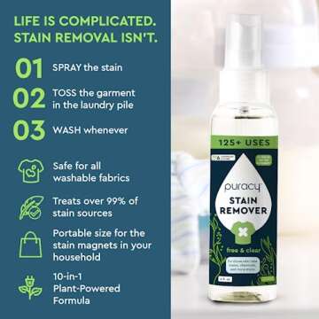 Puracy Stain Remover - Cleaning Spray, Clothes Stain Remover for Clothes, Laundry Stain Remover Spray for Clothes, Travel Stain Remover, Oil Stain Remover - Natural Spot Cleaner - Free&Clear 4oz 2pack