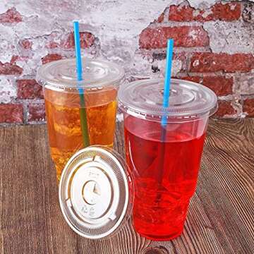 7waalaalo Disposable 32 oz clear Plastic Cups with Flat Lids with x hole,50 sets