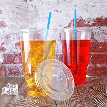 7waalaalo Disposable 32 oz clear Plastic Cups with Flat Lids with x hole,50 sets
