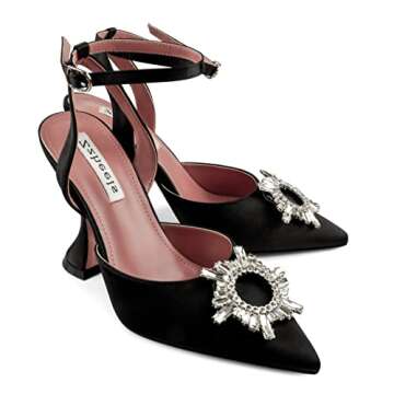 Zzheels Women's Crystal Slingback Sandals Buckle High Heels Pointed Toe Wedding Shoes Bridal Pumps Black US6