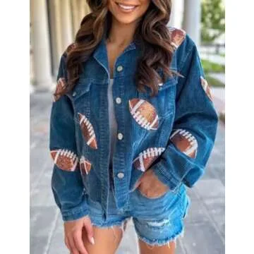 Xunger Women’s Football Corduroy Sequin Jacket Cropped Distresses Rugby Patched Shacket Coat (0885...