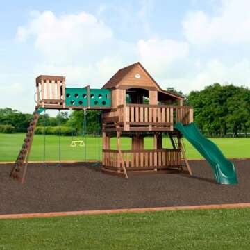 Backyard Discovery Woodridge Elite All Cedar Wood Swing Set, Upper and Lower Deck, Sandbox, Vented T...