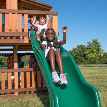 Backyard Discovery Woodridge Elite All Cedar Wood Swing Set, Upper and Lower Deck, Sandbox, Vented Tunnel, Rock Climbing Wall, Coated Rope Belted Swings, Acrobat Bar, Bench Seating, 10 ft Slide
