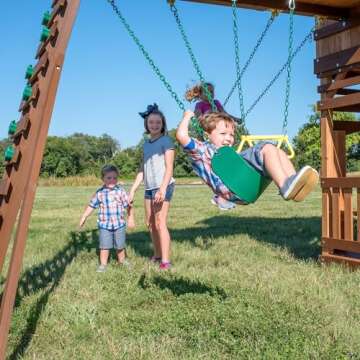 Backyard Discovery Woodridge Elite All Cedar Wood Swing Set, Upper and Lower Deck, Sandbox, Vented Tunnel, Rock Climbing Wall, Coated Rope Belted Swings, Acrobat Bar, Bench Seating, 10 ft Slide