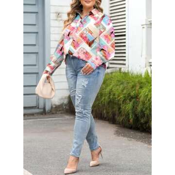 Eytino Women Plus Size Summer Tops V Neck Long Sleeve Button Down Loose Casual Blouses Shirts,2X Orange