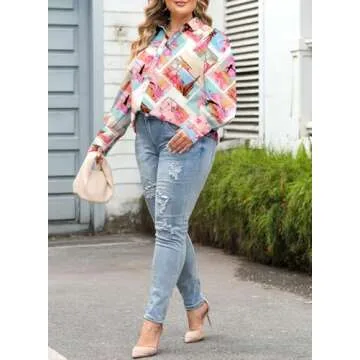 Eytino Women Plus Size Summer Tops V Neck Long Sleeve Button Down Loose Casual Blouses Shirts,2X Orange