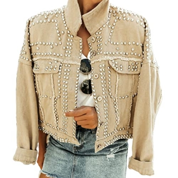 APAFES Women's Fashion Crop Fringe Denim Jacket with Studs and Distressed Design
