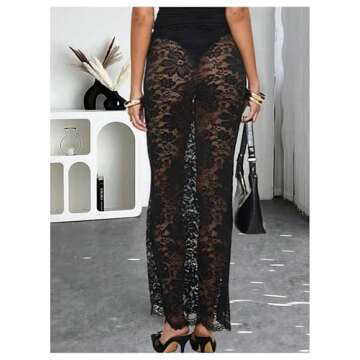 MakeMeChic Women's Floral Lace Sheer Maxi Skirt Bodycon Party Long Skirts Black Large