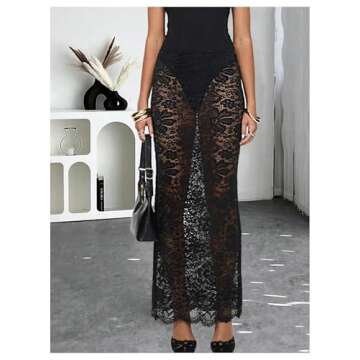 MakeMeChic Women's Floral Lace Sheer Maxi Skirt Bodycon Party Long Skirts Black Large