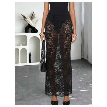 MakeMeChic Women's Floral Lace Sheer Maxi Skirt Bodycon Party Long Skirts Black Large