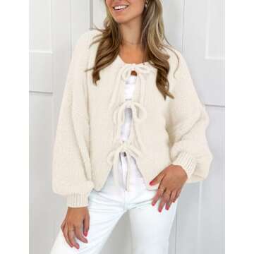 PRETTYGARDEN Women's Tie Front Bow Cardigan Sweaters Chunky Knit Long Puff Sleeve Trendy Fall Winter Jacket Coats (White,Large)
