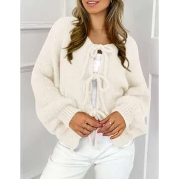 PRETTYGARDEN Women's Tie Front Bow Cardigan Sweaters Chunky Knit Long Puff Sleeve Trendy Fall Winter Jacket Coats (White,Large)