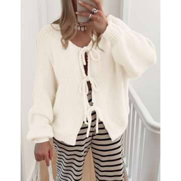 PRETTYGARDEN Women's Tie Front Bow Cardigan Sweaters Chunky Knit Long Puff Sleeve Trendy Fall Winter Jacket Coats (White,Large)
