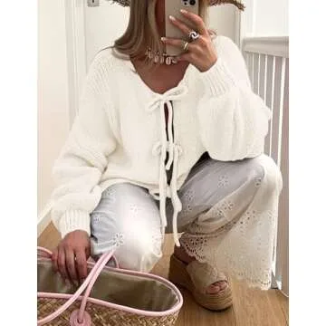 PRETTYGARDEN Women's Tie Front Bow Cardigan Sweaters Chunky Knit Long Puff Sleeve Trendy Fall Winter Jacket Coats (White,Large)
