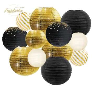 NICROLANDEE Black Gold Party Supplies - 12PCS Black and Gold Metallic Foil Paper Lanterns Decorative...