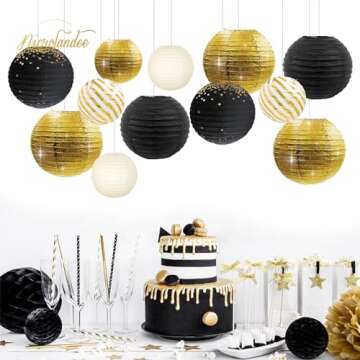 NICROLANDEE Black Gold Party Supplies - 12PCS Black and Gold Metallic Foil Paper Lanterns Decorative for Wedding, Graduation, Birthday, Baby Shower, Retirement Party, New Years Eve Party 2025