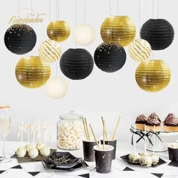 NICROLANDEE Black Gold Party Supplies - 12PCS Black and Gold Metallic Foil Paper Lanterns Decorative for Wedding, Graduation, Birthday, Baby Shower, Retirement Party, New Years Eve Party 2025