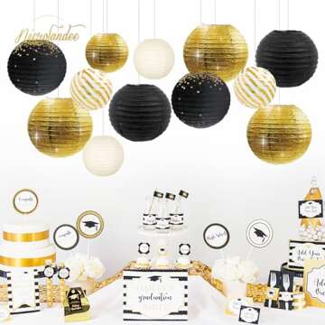 NICROLANDEE Black Gold Party Supplies - 12PCS Black and Gold Metallic Foil Paper Lanterns Decorative for Wedding, Graduation, Birthday, Baby Shower, Retirement Party, New Years Eve Party 2025