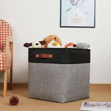 DULLEMELO Storage Bins for Organizing,Closet Storage Baskets for Gift Empty,Large Linen Canvas Storage Bins with Handles for Home Office Toys Shelves(Black&Grey, 13 inch Cube)