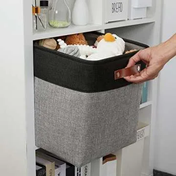 DULLEMELO Storage Bins for Organizing,Closet Storage Baskets for Gift Empty,Large Linen Canvas Storage Bins with Handles for Home Office Toys Shelves(Black&Grey, 13 inch Cube)